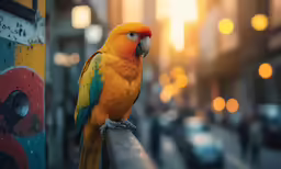 parrot perched on the handle of city street