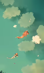 a girl floating in water in front of a cloudy sky