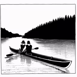 two people in a boat paddling down the lake