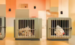 a couple of gray cages sitting on top of a wooden table