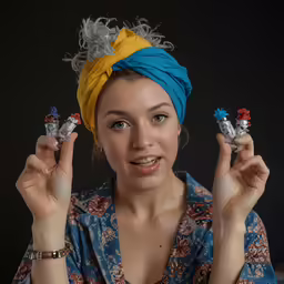 a woman in a blue shirt is holding up two dolls