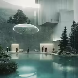 a photo looking down at a futuristic building with people standing in front
