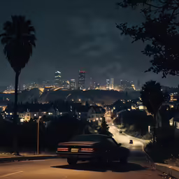 a car is parked on a city street at night