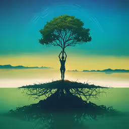 a man holding his hands up while standing on top of a tree,woman standing on rock, with her arms above tree in air