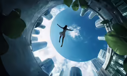 a person in mid air and buildings in the background