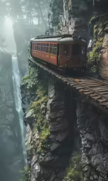 the train goes across the rocks in a beautiful scenery