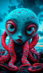 a blue and red weird doll with large eyes and tentacles
