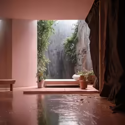 the water in the room is running from a shower curtain
