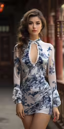 a beautiful woman in a blue and white dress,a woman with a very big cleavage is wearing a dress