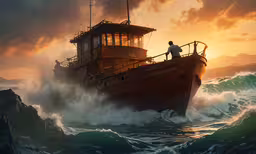 a ship in the ocean with the sun setting in the background,a person standing on the side of a boat in a large body of water