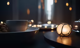 a lit teacup and a plate on a table