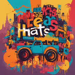 an old blue truck with graffiti that says hips hate on it,an art print with a pickup truck as the title