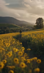a horse grazing in a sunflower field near trees
