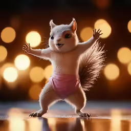 a small squirrel in a pink shorts, and light reflecting spots