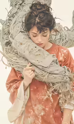 a woman carrying an animal like object and wearing a scarf