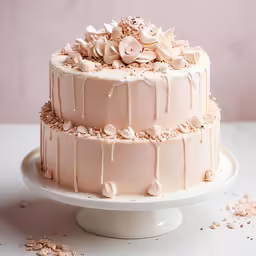 a white cake with icing and toppings on a white plate