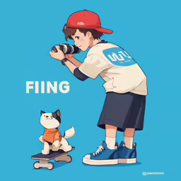 a boy on skateboard playing with his cat