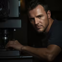 a man in black t - shirt and short sleeves working on a computer