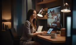 a beautiful young woman using a computer at night