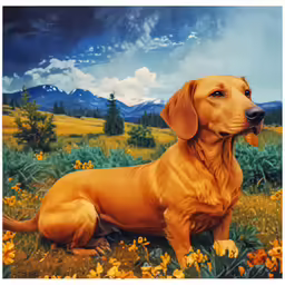 there is a painting of a brown dog outside