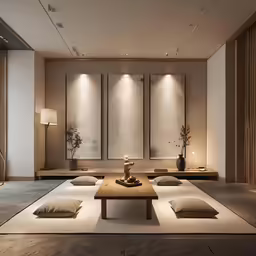 a room with an oriental style design and a wooden table surrounded by white pillows
