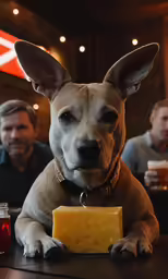 a dog is sitting in a booth with cheese and beer