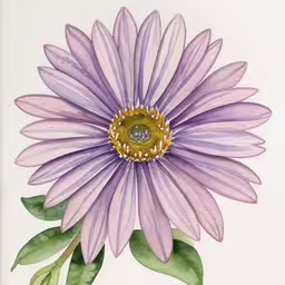 a watercolor painting of a flower with green leaves,a purple daisy on a white card with green leaves