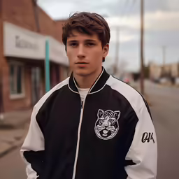 the man is standing in front of a store with a black and white jacket