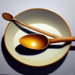 a white bowl with a spoon sitting on top of it