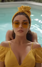 a woman in yellow sunglasses near a pool