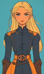 an anime character with blonde hair wearing a blue uniform