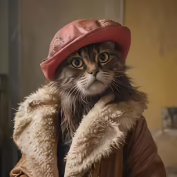 a cat wearing a red hat standing next to a door