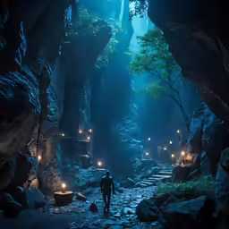 a man walking through a cavern filled with lights