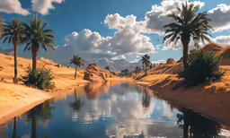 palm trees are growing in the sandy, dry landscape