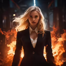 an attractive woman in a suit is standing in front of some fire