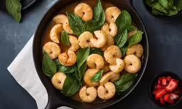 a pan filled with cooked shrimp and tomatoes