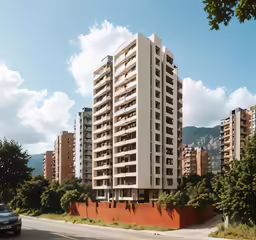an apartment complex in the city with a car driving down a street