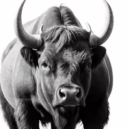 an adult water buffalo is standing up close to the camera