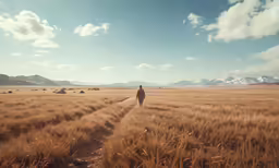 man walking alone through open, grassy area with mountains in the background