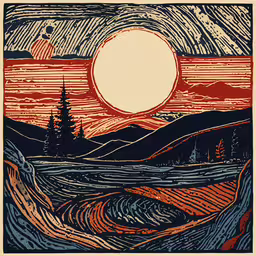 a sunset with an orange sky over trees and mountains,a large painting with a moon setting over water