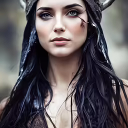 a woman in a horned headdress and makeup