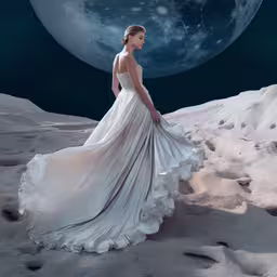 a woman wearing a dress with her arms around a man,a woman in a long white dress in the desert, under the moon
