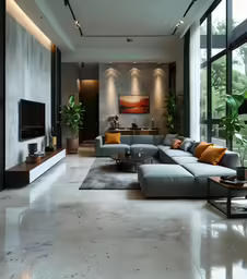 a modern living room with large windows and white flooring