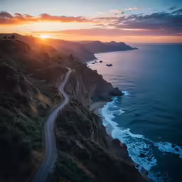 the winding road leads to the sea and mountains