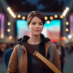 a person standing with a backpack and the lights behind her