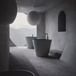 the bathroom in the home has round sinks and large, concrete balls on either side