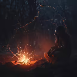 woman sitting by fire at night in open area