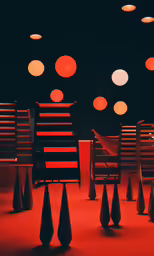 an open, red - lit room with chairs and circular lights