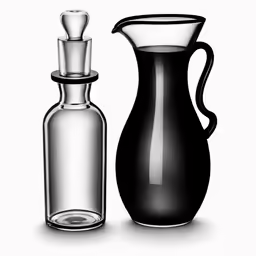 a bottle and glass carafe set on a white background