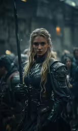 the woman in medieval costume is holding a sword